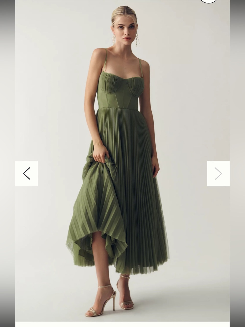 Hutch Olive Green High-Low Pleated Midi Dress